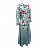 cheap Elegant Floral Dresses-Women&#039;s Midi Dress Tiered Dress Elegant Vintage Date Regular Fit Flower Long Sleeve Crew Neck Blue Green Grey Summer Spring Fall Autumn
