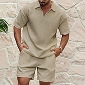 cheap Men&#039;s Basic Tees sets-Men&#039;s Waffle Henley Shirt T-shirt Suits Tracksuit Tennis Shirt Short Sleeves Polo Collar Summer Solid Color Drawing Gymnatics Casual Zipper 2 Piece Vacation Daily Wear Activewear Army Green Black