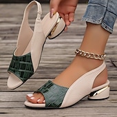 cheap Casual Sandals-Women&#039;s Green and Beige Open-Toe Slingback Sandals – Crocodile Pattern Design with Gold Heel Accents for Casual and Elegant Summer Outfits