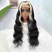 economico Parrucche lace front capelli veri-Parrucca frontale in pizzo con meches 1b/613#, capelli umani, ondulati, densità 150%, 13x4