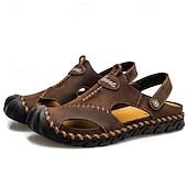 cheap Vacation Sandals-Men&#039;s Sandals Handmade Shoes Walking Casual Preppy Beach Outdoor Daily PU Breathable Comfortable Slip Resistant Slip-on Light Brown Dark Brown Black Summer Fall