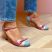 levne Šaty sandály-dámské retro dvoubarevné lodičky na vysokém podpatku – růžový a modrý pásek s mašlí, perfektní pro outfity inspirované vintage a neformální elegantní vzhled