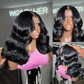 baratos Perucas de seda frontais de cabelo natural-Cabelo humano remy 13x4 Lace Front Peruca Parte livre Cabelo Malaio Onda de Corpo Preta Peruca 150% Densidade do Cabelo com o cabelo do bebê Sem cola Pré-depenado Para perucas para mulheres negras
