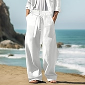 ieftine Vacanţă-Bărbați Pantaloni de in Pantaloni Pantaloni de vară Cordon Talie elastică Picior drept Simplu Confort Respirabil Lungime totală În aer liber Zilnic Plajă Modă Șic Stradă Negru Alb