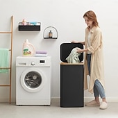 Недорогие Корзины для белья-Корзина для белья с крышкой на 100 л, корзины для белья с бамбуковыми ручками и съемным мешком для белья, большая складная корзина для белья для спальни, ванной комнаты, общежития, прачечной
