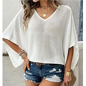 preiswerte Einfarbige Farben-Damen Pullover Elegant Feste Farbe Gehäkelt V Ausschnitt Strick Halbe Ärmel Normale Oberteile Stricken Täglich Weinrot Weiß Sommer