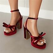 abordables Occasionnel-sandales à talons hauts en velours rouge pour femmes – chaussures de soirée élégantes avec bride à la cheville et nœud pour soirée, mariage et occasions spéciales