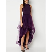 baratos Vestidos de Cocktail-Vestidos de Formatura em A Linha Vestido Elegante Formatura Assimétrico Sem Mangas Decote de Joia Convidada de Casamento de Outono com Pregas Vestidos