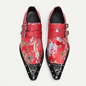 cheap Premium Leather Loafers-Men&#039;s Premium Cowhide Leather Punk Style Monk Strap Shoes - Red Floral Embroidered Double Buckle Slip-On with Metal Toe Cap