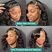 baratos Perucas de seda frontais de cabelo natural-Cabelo humano remy 13x4 Lace Front Peruca Parte livre Cabelo Malaio Onda de Corpo Preta Peruca 150% Densidade do Cabelo com o cabelo do bebê Sem cola Pré-depenado Para perucas para mulheres negras