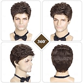 economico Parrucche uomo-parrucca marrone da uomo, parrucche marroni corte per uomo parrucca soffice a strati naturali parrucche quotidiane per ragazzi maschili con capelli sintetici realistici per Halloween