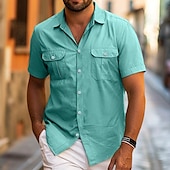cheap Men&#039;s Button Up Shirts-Men&#039;s Shirt Summer Shirt Beach Wear Button Up Shirt Casual Shirt Black White Yellow Blue Dark Green Short Sleeve Solid Color Lapel Daily Vacation Pocket Clothing Apparel Fashion Casual Comfortable