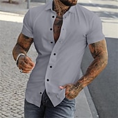 abordables camisa con botones para hombre-Hombre Camisa Camisa de verano Abotonar la camisa gris azul Negro Blanco Amarillo Rosa Manga Corta Letra Cuello Vuelto Calle Casual Abotonar Ropa Mezcla de Algodón Moda Casual Cómodo