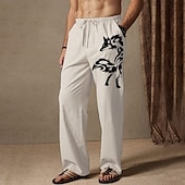 Men's Summer Pants Elastic Waist Animal Wolf Comfort Full Length Outdoor Streetwear Vacation Hawaiian Black White Micro-elastic 8