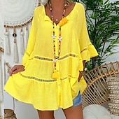 abordables Chemises-Femmes Chemise Chemises inspirées du lin Chemisier Uni Mode Col en V Rue Quotidien Découpé Longue Blanche Jaune Rouge Marron Été