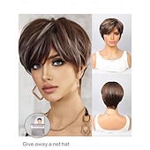 baratos Perucas Sintéticas sem Touca-Perucas sintéticas Reta natural Bob curto Parte lateral Peruca 10 polegadas Marron / Branco Cabelo Sintético Mulheres Multi Cores