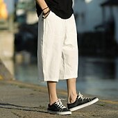 baratos Retrô-Homens Calças de linho Calças Capri Calça verão Calças de praia Bolsos Com Cordão Cintura elástica Tecido Conforto Respirável Comprimento da panturrilha Férias Diário Feriado Havaiana Boho Preto