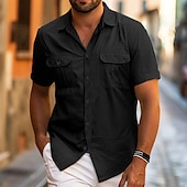 cheap Men&#039;s Button Up Shirts-Men&#039;s Shirt Summer Shirt Beach Wear Button Up Shirt Casual Shirt Black White Yellow Blue Dark Green Short Sleeve Solid Color Lapel Daily Vacation Pocket Clothing Apparel Fashion Casual Comfortable