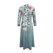 cheap Elegant Floral Dresses-Women&#039;s Midi Dress Tiered Dress Elegant Vintage Date Regular Fit Flower Long Sleeve Crew Neck Blue Green Grey Summer Spring Fall Autumn
