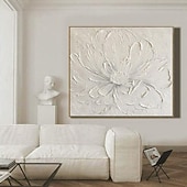 billiga Blom- och växtmålningar-3d stor handmålad vit blomma oljemålning på duk handgjord akrylmålning handgjord tung texturerad målning abstrakt landskap oljemålning väggkonst blommig väggdekor målning