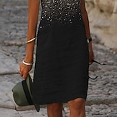 economico Abito Floreale-Abito Midi da Donna Abito Cocktail Collo a V Paillettes Gradiente Nero Elegante Abito al Ginocchio Feste Sera Maniche Corte Fit Regolare