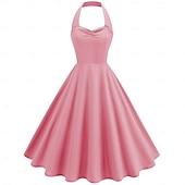 cheap Dresses-Retro Vintage 1950s Vacation Dress Midi Dress Swing Dress Flare Dress Halterneck Solid Color Women&#039;s Masquerade Casual Daily Bachelorette Party Adults&#039; Dress Homecoming Dresses