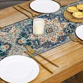 cheap Tablecloth-Bohemian Style Table Runner, Linen, Vintage Geometric Flower Print, Home Coffee Table, Dinner Table Decoration, Tablecloth