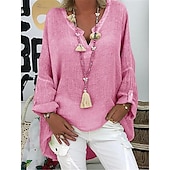 voordelige Overhemden-Dames Overhemd Blouse Katoenen linnen overhemden Effen Basic Lange mouw V-hals Lange tops Casual Dagelijks Zwart Wit Blozend Roze Leger Groen blauw Zomer Lente