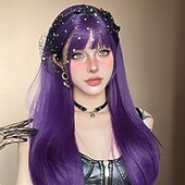 baratos Perucas Sintéticas sem Touca-Peruca sintética feminina de 26 polegadas, roxo, azul, longo, ondulado, moda diária, festa, cosplay