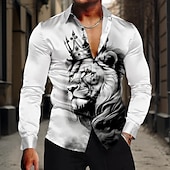 abordables Chemise en Satin pour Homme-Homme Lion Lit 2 Places &#039;King&#039; Chemise Chemise boutonnée manche longue Décontractées Formel Eté Printemps Automne Col rabattu Boutons Imprimer Blanche Jaune Bleu Gris