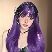 baratos Perucas Sintéticas sem Touca-Peruca sintética feminina de 26 polegadas, roxo, azul, longo, ondulado, moda diária, festa, cosplay