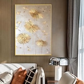 preiswerte Abstrakte Gemälde-handgemaltes 3D-Gemälde mit Löwenzahn und Goldfolie, goldenes Akzentgemälde, Wohnakzentstück, Statement-Gemälde, Hotelwandgemälde, Blattgold-Gemälde mit Wildblumen, gerollte Leinwand (ohne Rahmen).