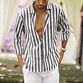 preiswerte Business Casual-Herren Hemd Leinenhemd Sommerhemd Freizeithemd Strandhemd Knopfhemd Gestreift Urlaub Ferien Schwarz Gelb Rosa Rot Langarm Umlegekragen Frühling &amp; Herbst Bekleidung Button-Down