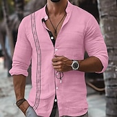 abordables Vacaciones-Hombre Camisa camisa de lino Camisa Guayabera Camisa con cuello mao Camisa de verano Ropa de playa Vacaciones Maldición Negro Blanco Rosa Azul Piscina Manga Larga Cuello Mao Primavera verano Ropa