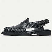 cheap Dress Sandals-Men&#039;s Black Woven Leather Sandals - Stylish Open-Toe Slingback Shoes with Buckle Strap