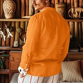 preiswerte Herren Elite Hemden-Herren Patchwork Hemd Leinenhemd Sommerhemd Langarm Basic Lässig Strand Straße Ferien Alltagskleidung Sommer Umschlagkragen Orange