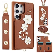 baratos Capa Samsung-telefone Capinha Para Samsung Galaxy S24 Ultra Plus S23 Ultra Plus S22 Plus Ultra A55 A35 A25 A15 5G A54 A34 A14 S25 Ultra Capa traseira Com Suporte Magnética com cordão Retro flor floral TPU Couro PU