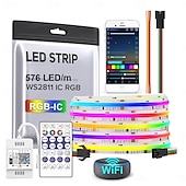 abordables Bandes lumineuses cob-Bande lumineuse RVB étanche Cob 16 pieds 5 m Smart IC flexible DC24 V LED bande lumineuse ws2811 adressable RVB avec contrôleur RF ou contrôleur WiFi adapté pour les fêtes, le bureau, la maison, les