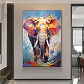 cheap Oil Paintings-Handmade Original Lion And Elephant Oil Painting On Canvas Large Abstract Animal Canvas Wall Art Modern Impressionist Lion Artwork For Living Room Bedroom Decor No Frame