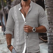 abordables Vacaciones-Hombre Camisa camisa de lino Camisa Guayabera Camisa con cuello mao Camisa de verano Ropa de playa Vacaciones Maldición Negro Blanco Rosa Azul Piscina Manga Larga Cuello Mao Primavera verano Ropa