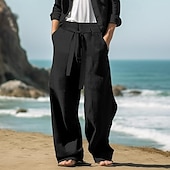 ieftine Vacanţă-Bărbați Pantaloni de in Pantaloni Pantaloni de vară Cordon Talie elastică Picior drept Simplu Confort Respirabil Lungime totală În aer liber Zilnic Plajă Modă Șic Stradă Negru Alb