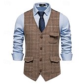 tanie Kamizelki-Męskie Kamizelka Biznes Codzienny Wesele Sukienka Wygodny Wiosna, jesień, zima, lato Poliester 95% poliester 5% spandex Pled / Check Zapinana z przodu na guziki W serek Regularny Czarny Khaki Szary