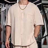 economico Casual da lavoro-Per uomo Camicia Camicia di lino Camicia casual Camicia di cotone Camicia cinese Semplice Vacanza Streetwear Nero Azzurro cielo Verde Albicocca Manica Corta Collo alla coreana Estate Abbigliamento