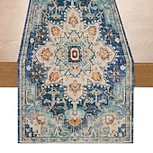 cheap Tablecloth-Bohemian Style Table Runner, Linen, Vintage Geometric Flower Print, Home Coffee Table, Dinner Table Decoration, Tablecloth