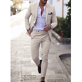baratos Ternos casuais-Trajes de Linho de Verão Masculinos Azul Claro Verde Ervilha Cor Sólida Ajuste Sob Medida 2 Peças com Um Botão