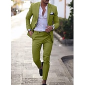 baratos Ternos casuais-Trajes de Linho de Verão Masculinos Azul Claro Verde Ervilha Cor Sólida Ajuste Sob Medida 2 Peças com Um Botão