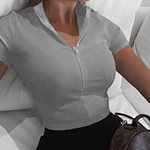 ieftine Tricouri și topuri de alergare-Pentru femei Tricou Decupat Fermoar Manșon scurt Haine Compresie Casual Îmbrăcăminte Atletică Bumbac Respirabil Απαλό Gimnastică antrenament Alergat Mers Echipament sportiv Îmbrăcăminte de Sport  Mată