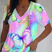 abordables T-shirt Tie and Dye et dégradé-Femmes T-shirt Graphique Papillon Teinture par nouage Basique Néon &amp; Lumineux Manche Courte Col en V Hauts Réguliers Fête Week-end Imprimé Jaune Rose Claire Bleu Vert Bleu clair