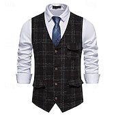 tanie Kamizelki-Męskie Kamizelka Biznes Codzienny Wesele Sukienka Wygodny Wiosna, jesień, zima, lato Poliester 95% poliester 5% spandex Pled / Check Zapinana z przodu na guziki W serek Regularny Czarny Khaki Szary
