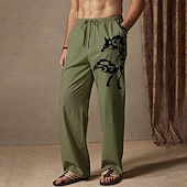 Men's Summer Pants Elastic Waist Animal Wolf Comfort Full Length Outdoor Streetwear Vacation Hawaiian Black White Micro-elastic 10